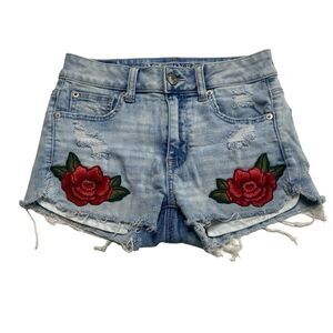 American Eagle Outfitters Distressed Hi-Rise Shortie Denim Shorts Roses Sz 2